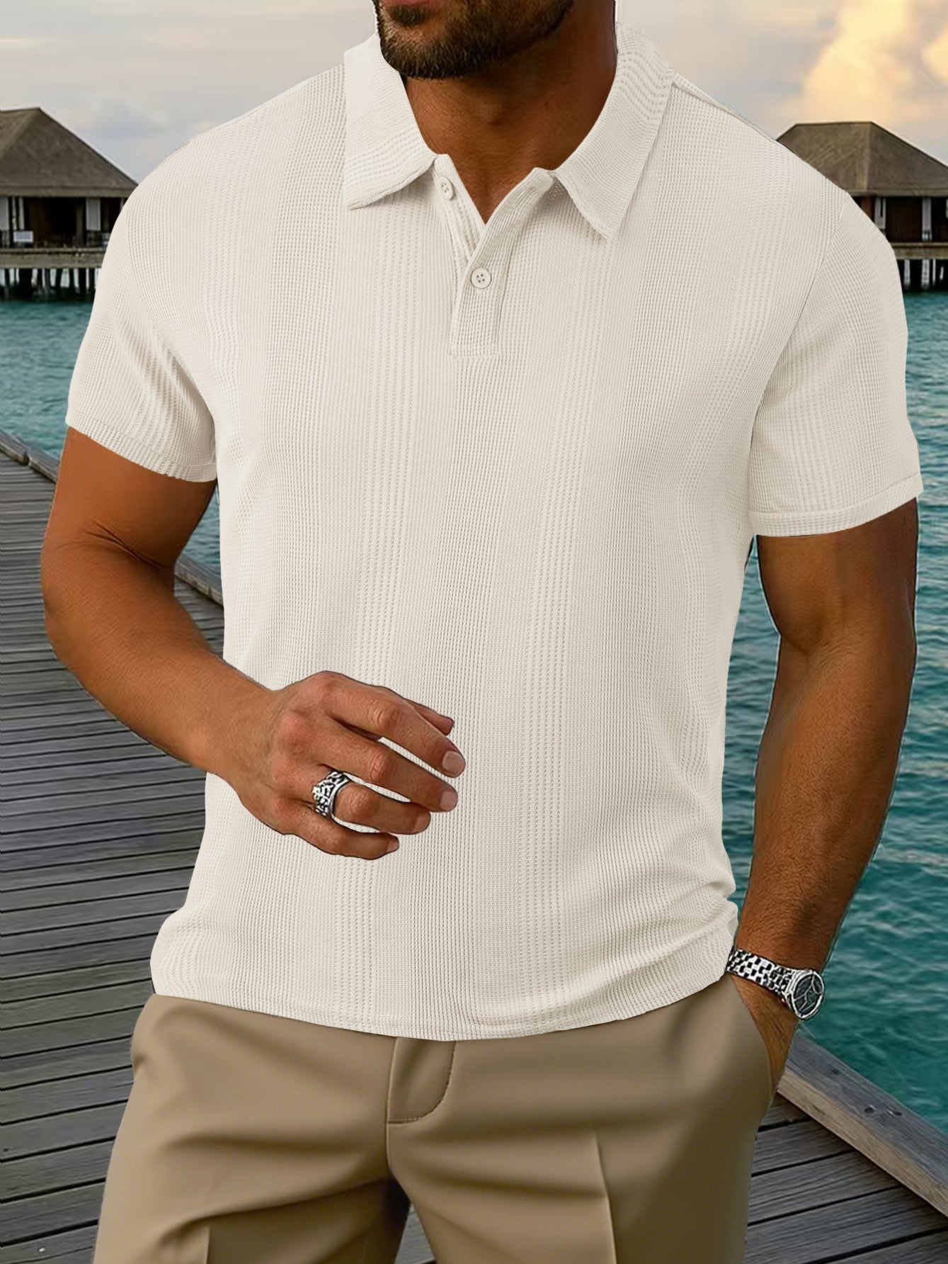 Mens Short-sleeve Lapel Textured T-shirt Top