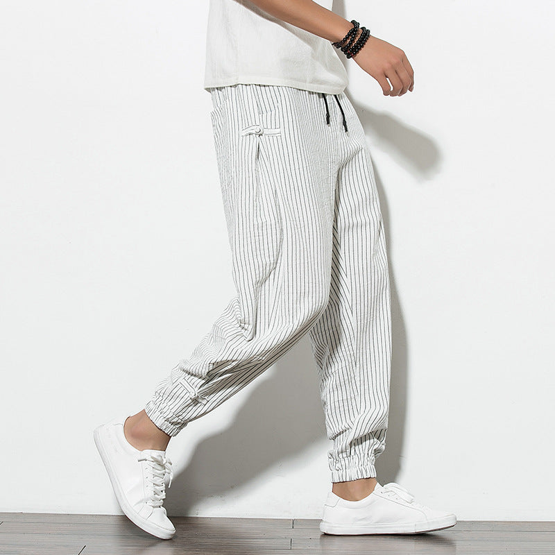 Thin Breathable Cotton and Linen Disc Buckle Casual Plus Size Harem Pants