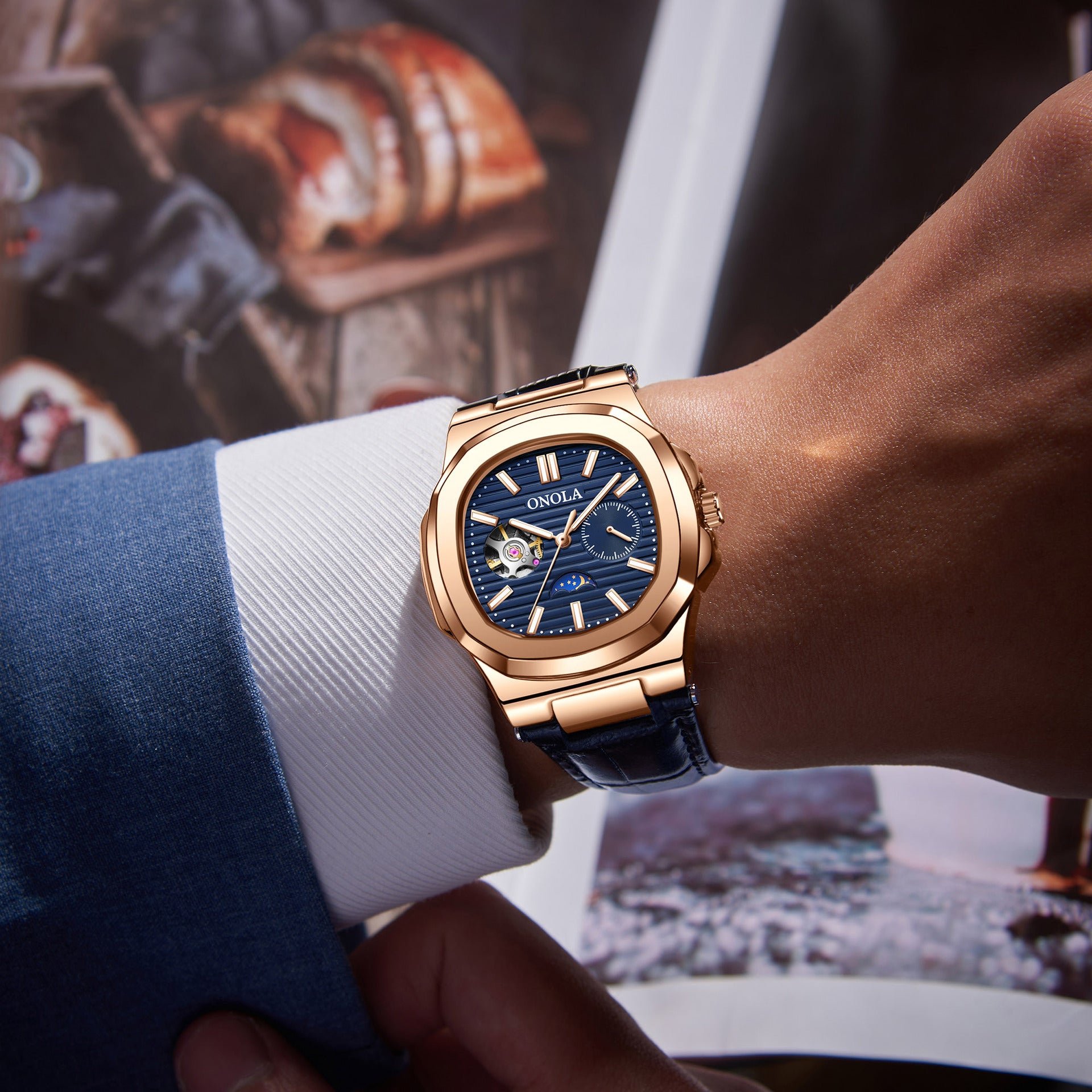 High-Quality Mechanical Watch Sun Moon And Stars Design Waterproof Leather Strap