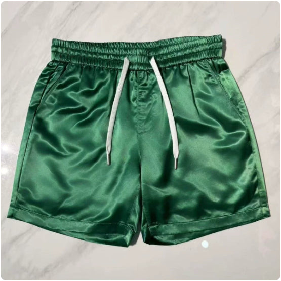 Summer Acetate Casual Mens Solid-Color Versatile Trendy Simple Elastic-Waist Drawstring Shorts