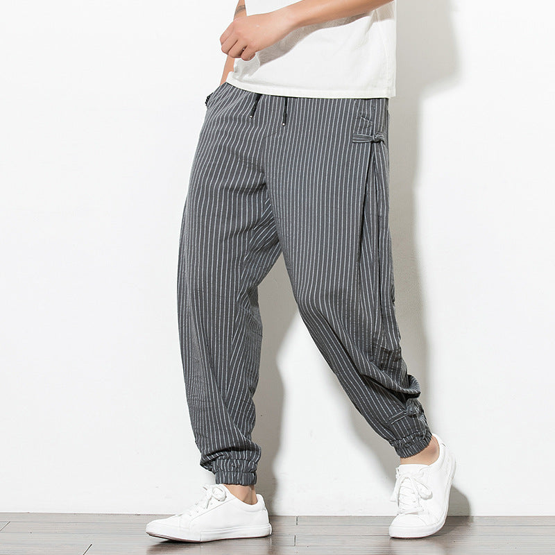 Thin Breathable Cotton and Linen Disc Buckle Casual Plus Size Harem Pants