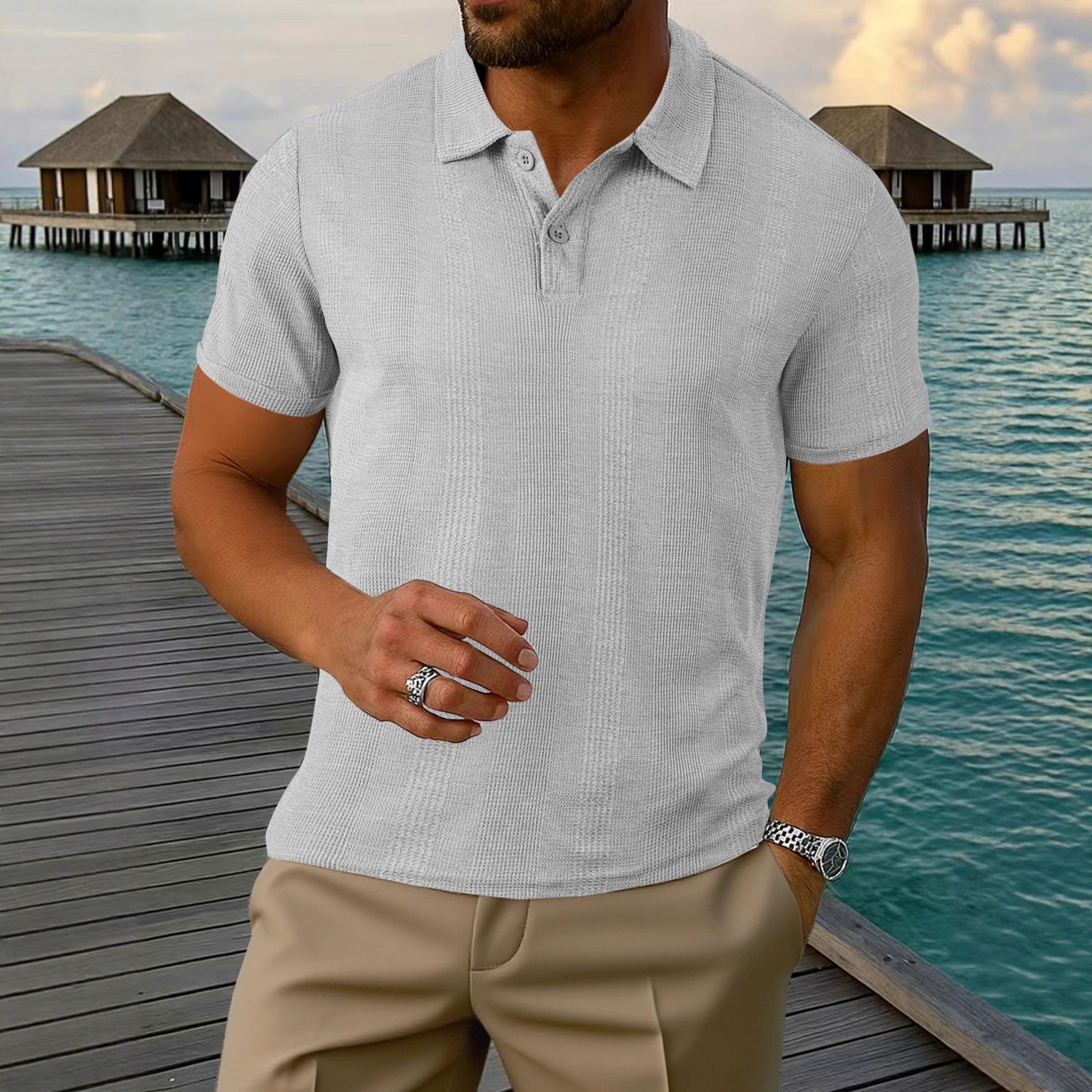 Mens Short-sleeve Lapel Textured T-shirt Top