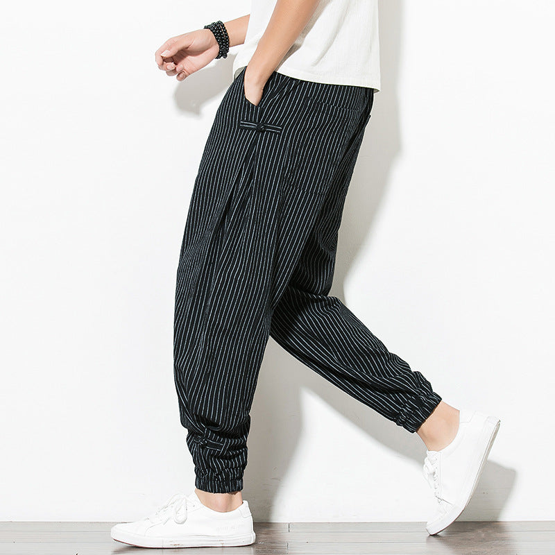 Thin Breathable Cotton and Linen Disc Buckle Casual Plus Size Harem Pants