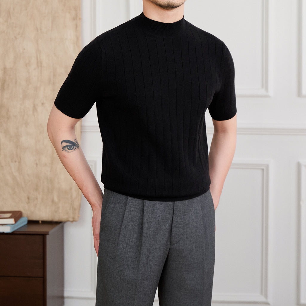 Half Turtleneck Wool Knitted Short Sleeve T-shirt