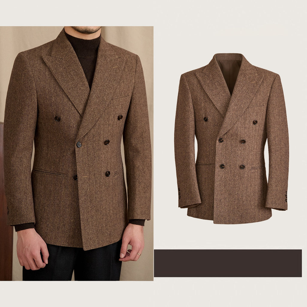 Tailored Wool-blend Herringbone Double-breasted Suit