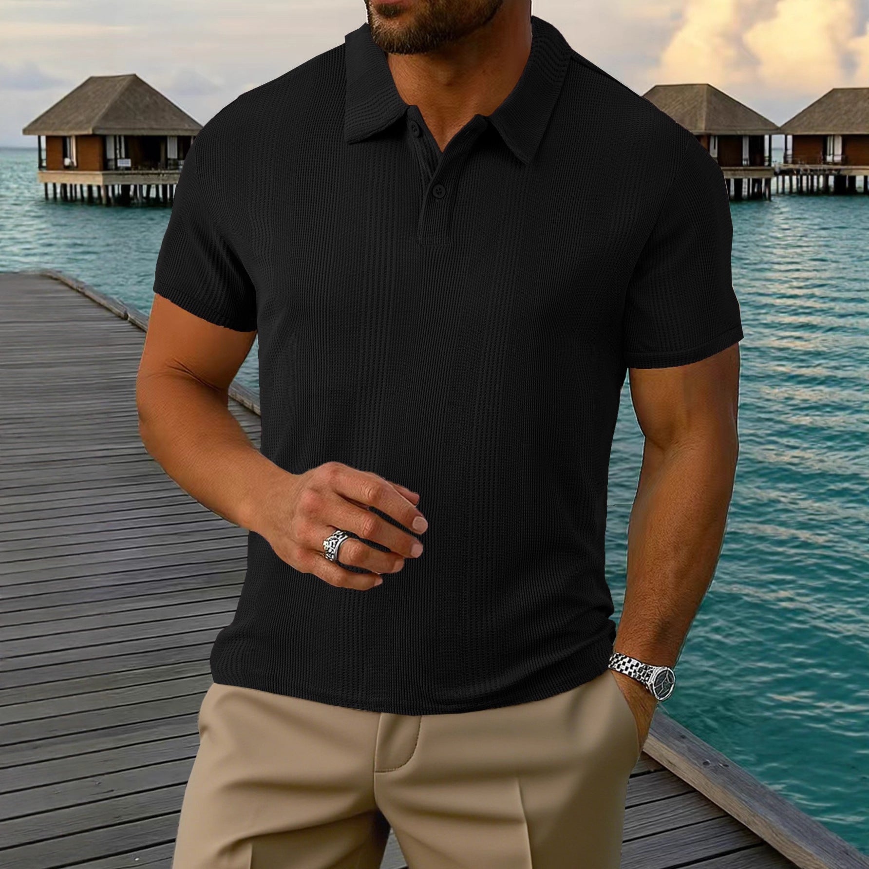 Mens Short-sleeve Lapel Textured T-shirt Top