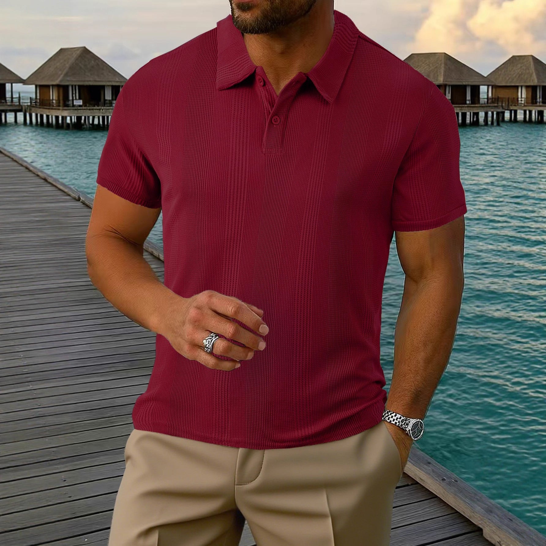 Mens Short-sleeve Lapel Textured T-shirt Top