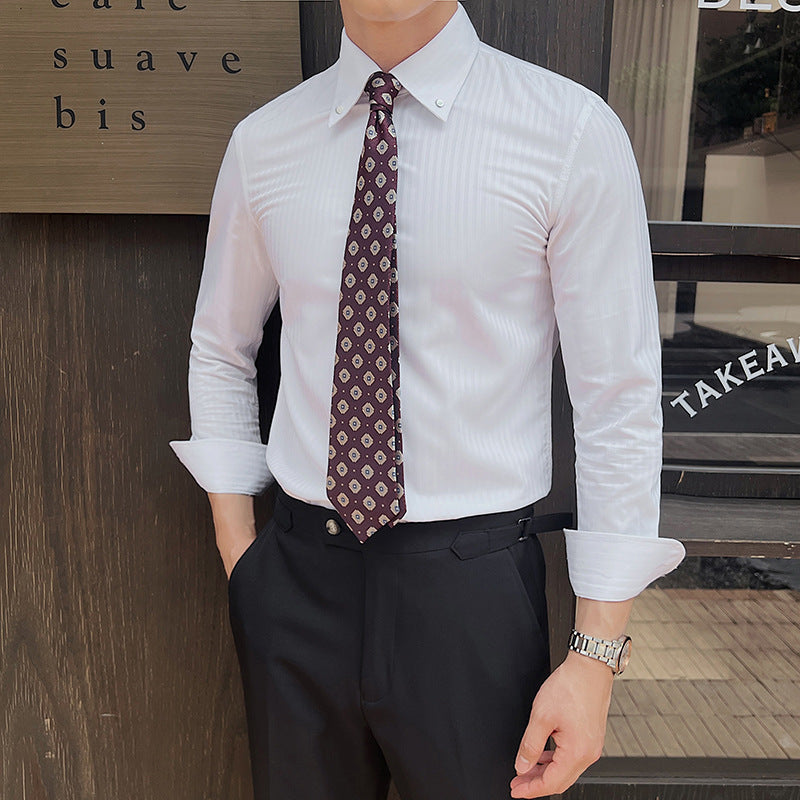 Striped Business Long-Sleeve Point-Neck Mens Shirt