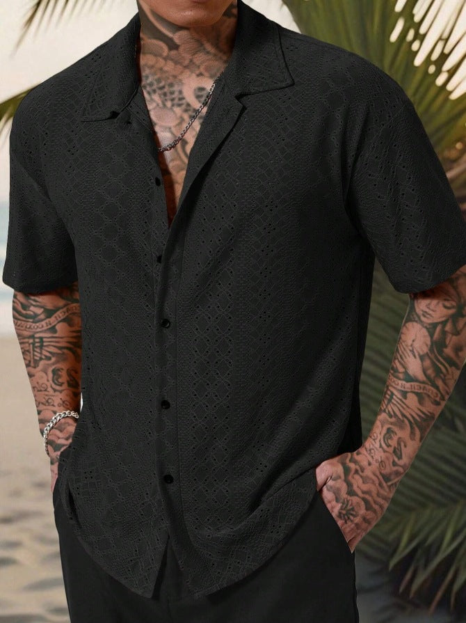 Mens Versatile Hollow-Out Jacquard Casual Shirt