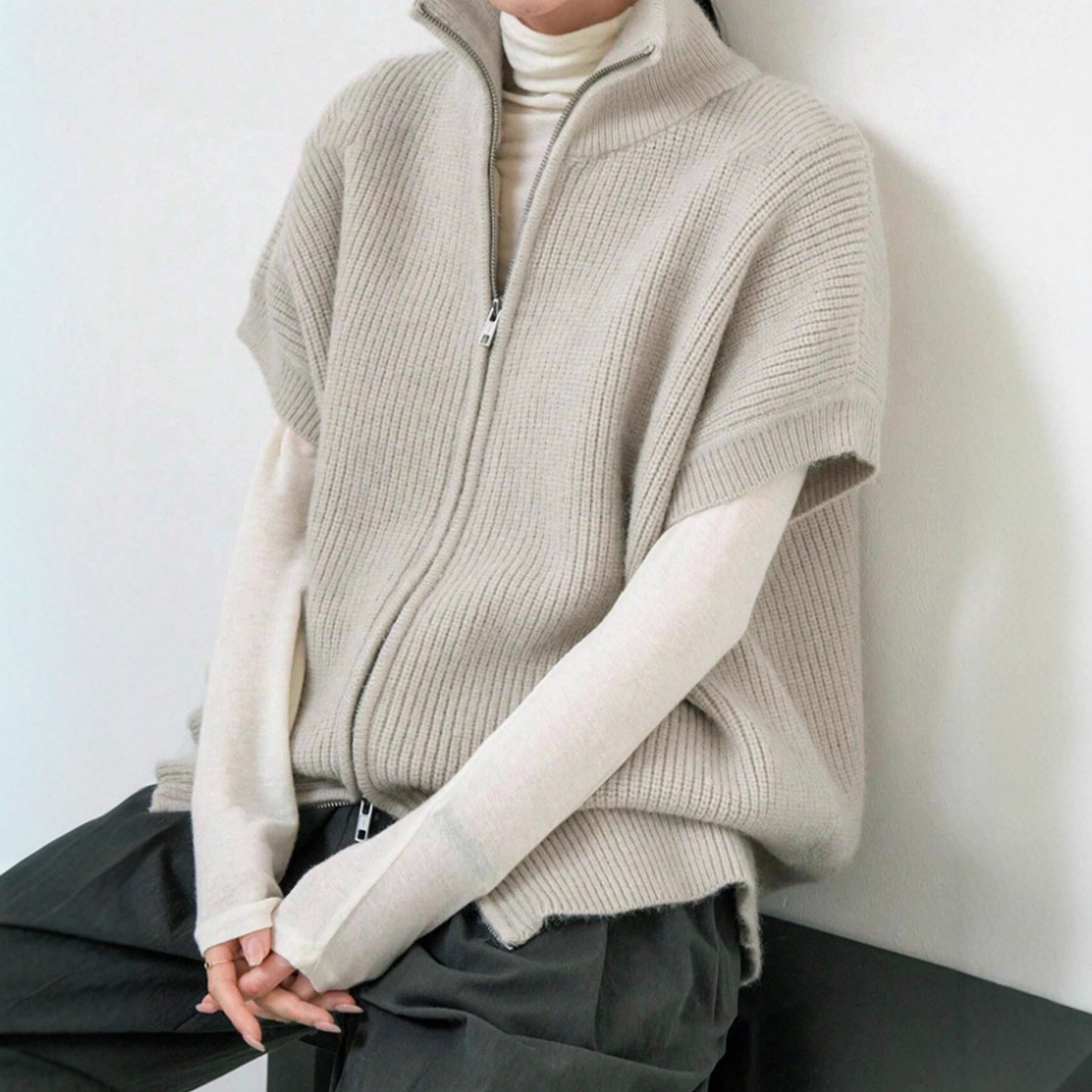 Knitted Cardigan Jacket With Short Sleeves And Ribbed Detailing Springsummer Style