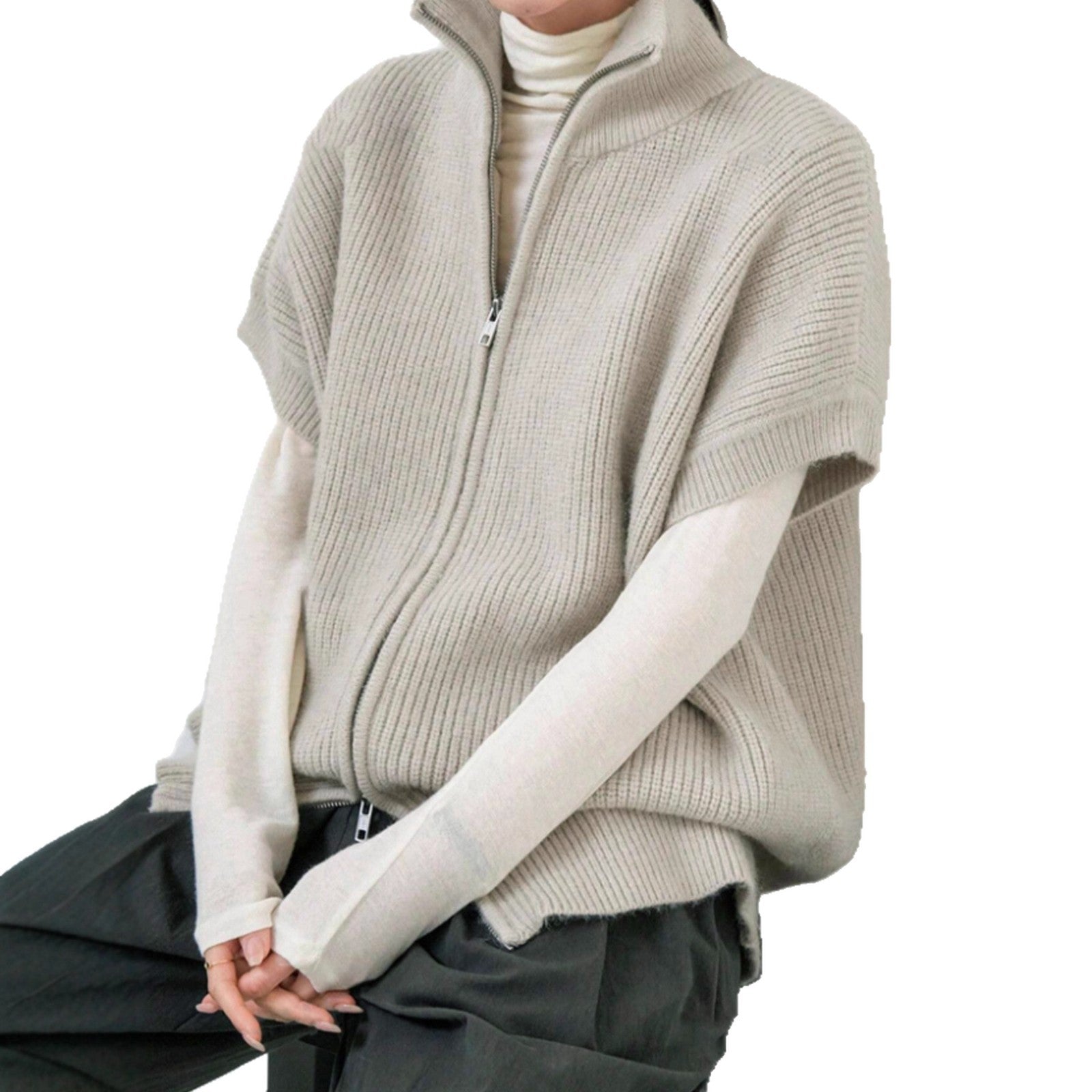 Knitted Cardigan Jacket With Short Sleeves And Ribbed Detailing Springsummer Style