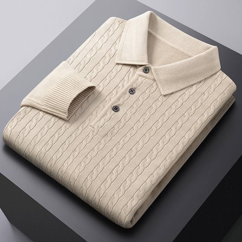 Autumn New Twisted Floral Polo Long Sleeve Loose Casual Bottoming Sweater For Men