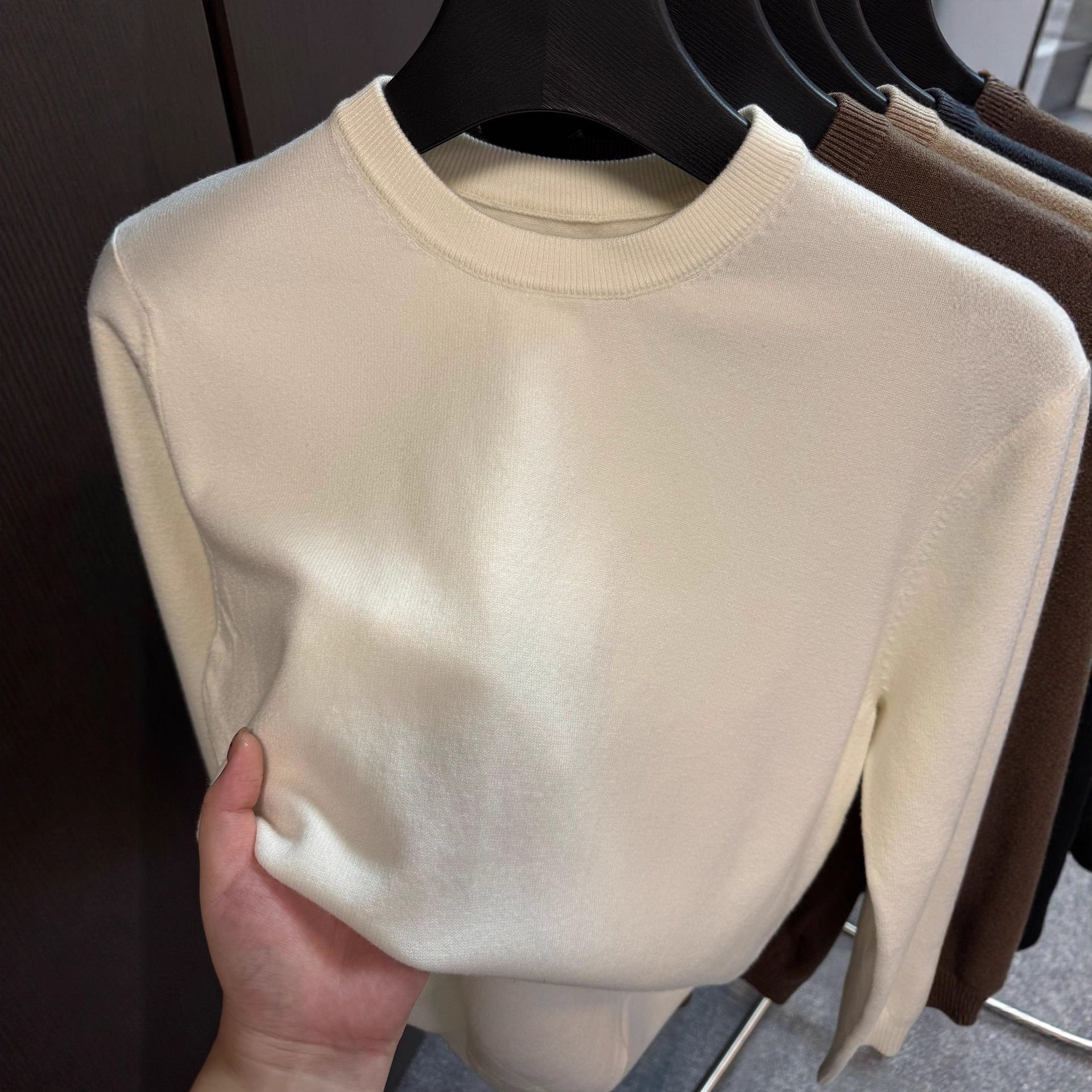 Crew-neck Casual Long-sleeve Solid-color Knit Bottoming Shirt
